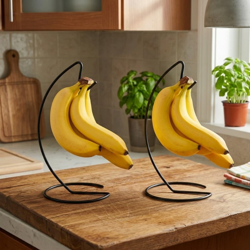 Conjunto Fruteiras Gancho para Pendurar Bananas Expositor Aço Suporte de Mesa para Cacho de Bananas