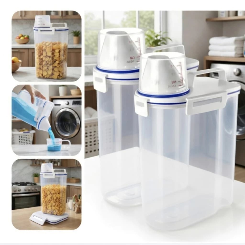 Pote Porta Sabão Pó Liquido Amaciante Dispenser Hermético 2L Organizador Alimentos Grãos Dosadores
