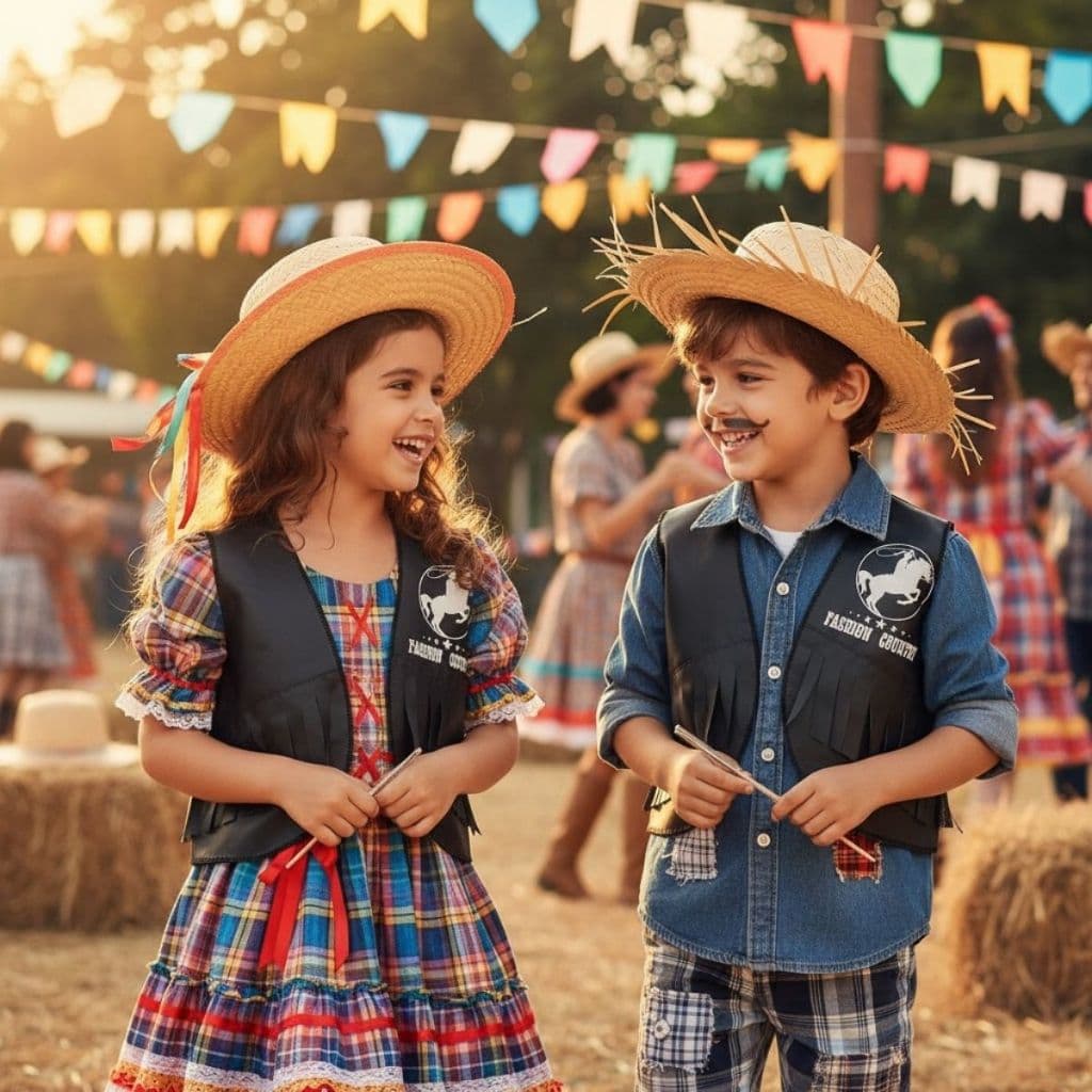 Colete Country Infantil com Franjas Cowboy Cowgirl Festa Junina Fantasia