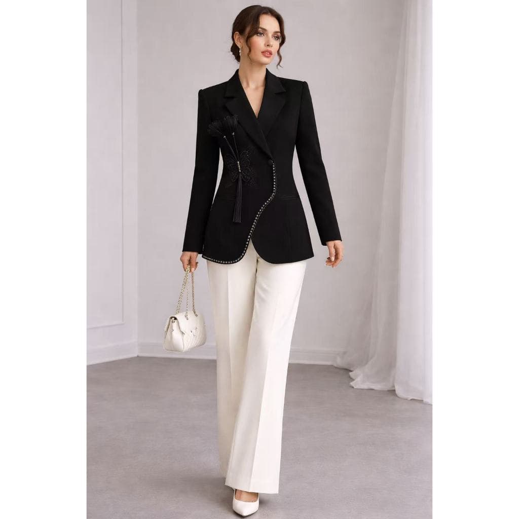 Blazer Feminino Elegante com Pérolas e Design Assimétrico Casaco Social Sofisticado