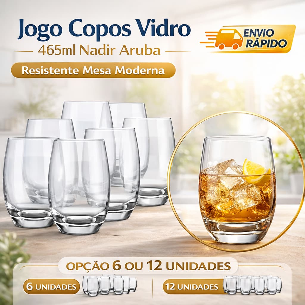 Jogo Copos Vidro 465ml Nadir Aruba Resistente Mesa Moderna ENVIO IMEDIATO