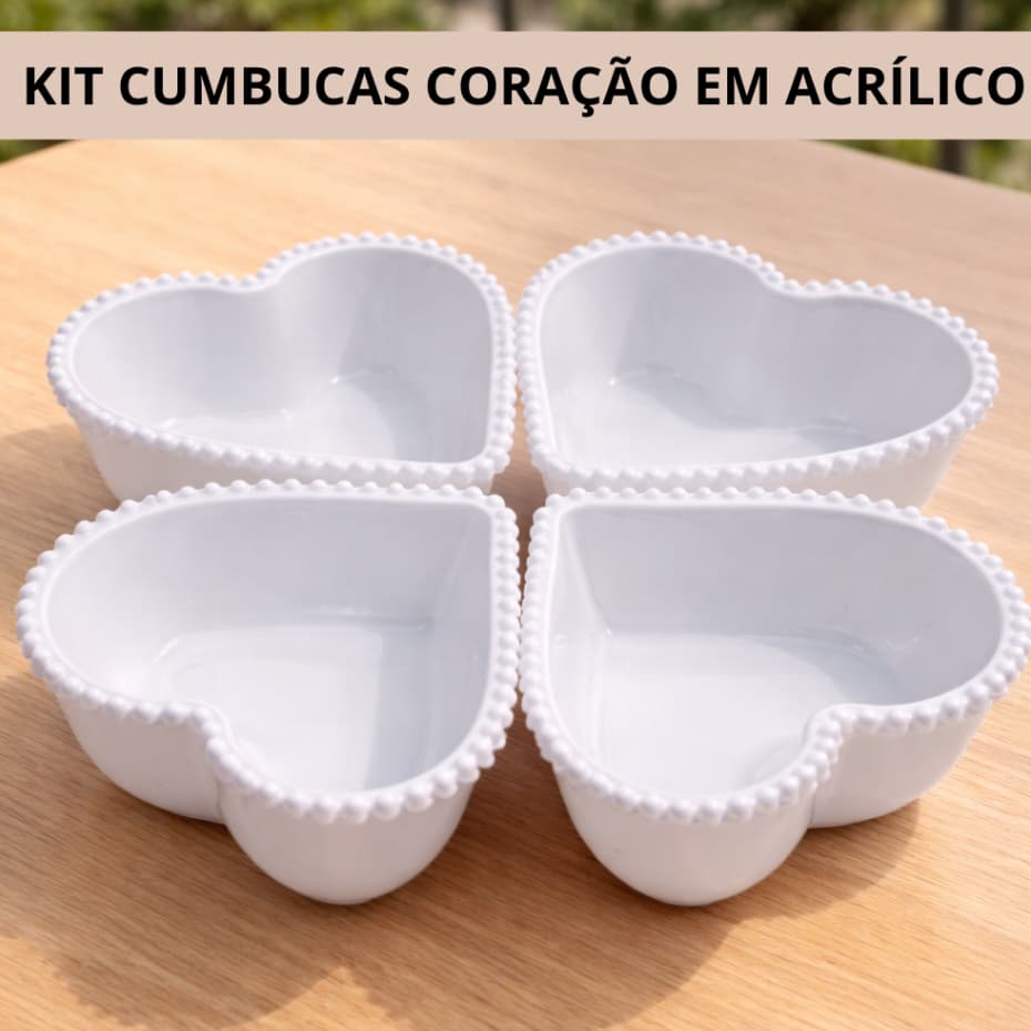 KIT C/04 CUMBUCAS CORAÇÃO PETISQUEIRA ACRÍLICO BRANCO 300ML PEARL/PÉROLA DELICADA E RESISTENTE