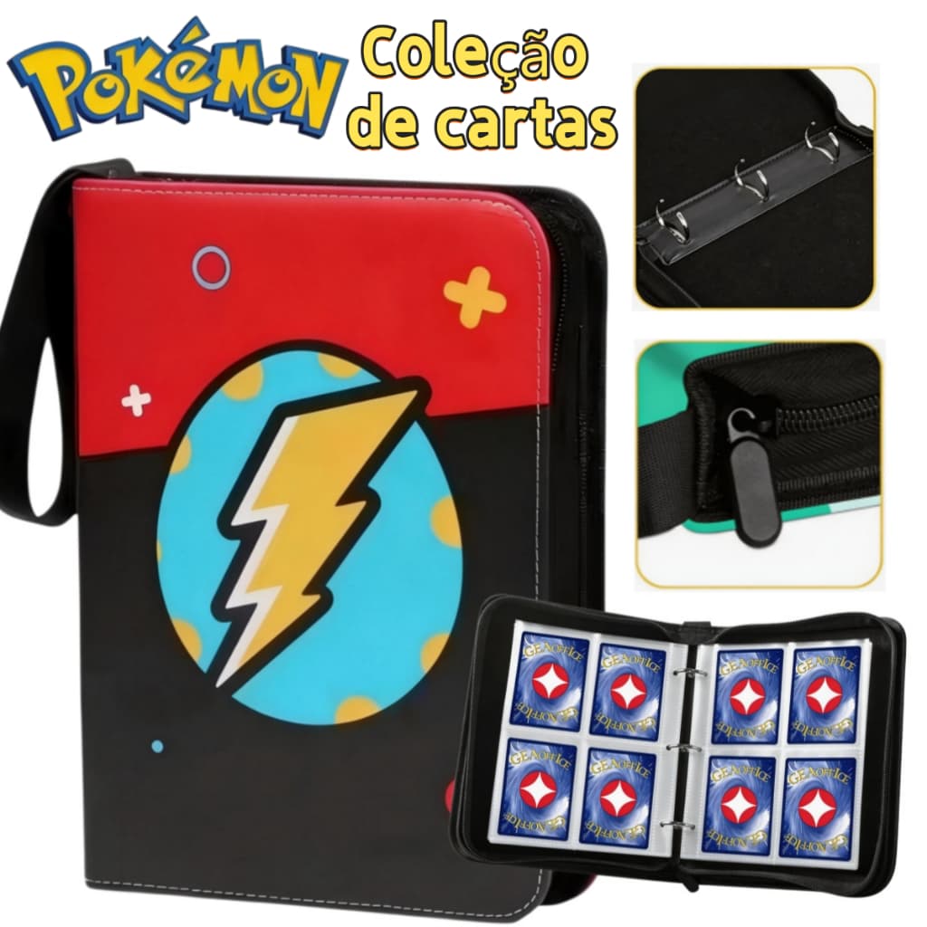Álbum de Cartas Pokémon 400 Cartas Porta Cartas com Zíper Couro Impermeável Proteção Colecionador Anime