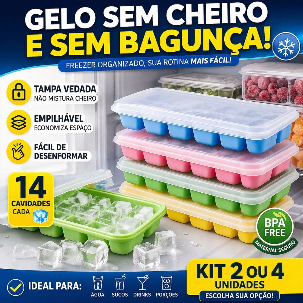 Forma de Gelo com Tampa Silicone Não Mistura Cheiro Freezer Organizado Empilhável 14 Cubos