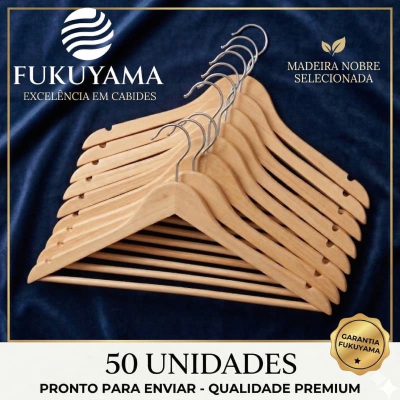 KIT 50 CABIDES DE MADEIRA PREMIUM MARFIM FUKUYAMA COM GANCHO GIRATÓRIO 360°
