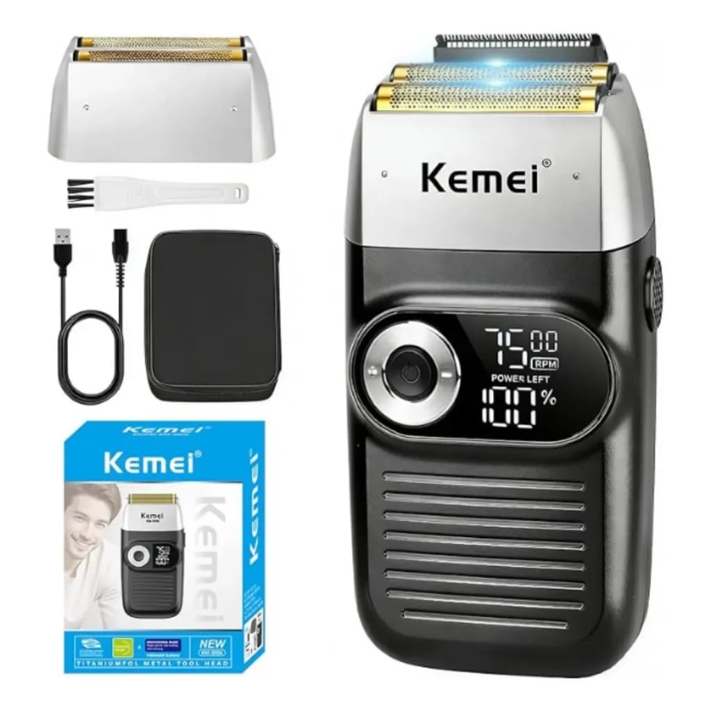 Barbeador Elétrico Kemei KM-2026 Sem Fio Display Digital USB Recarregável Bivolt Preto