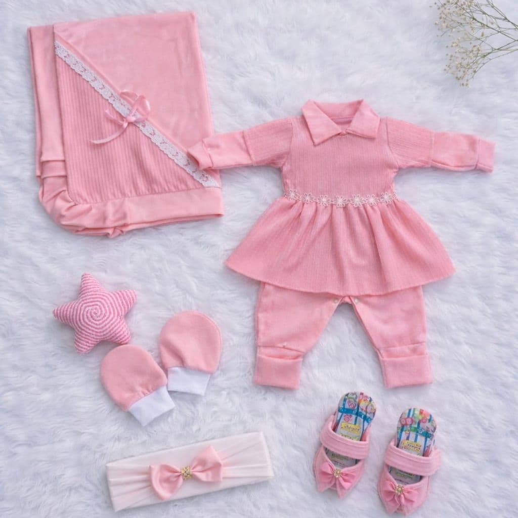 Saída Maternidade com 6 Peças Luxo Rosa Menina Kit Completo 100% Algodão Pronta entrega Recém Nascido Feminino