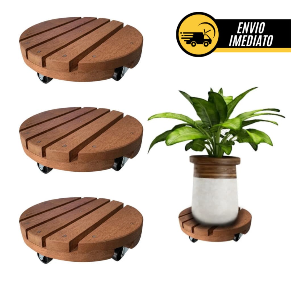 Kit 03 Suporte Botijão De Gás Vaso De Planta Com Rodinha Redondo Até 80kg De Madeira 20cm 25cm 30cm