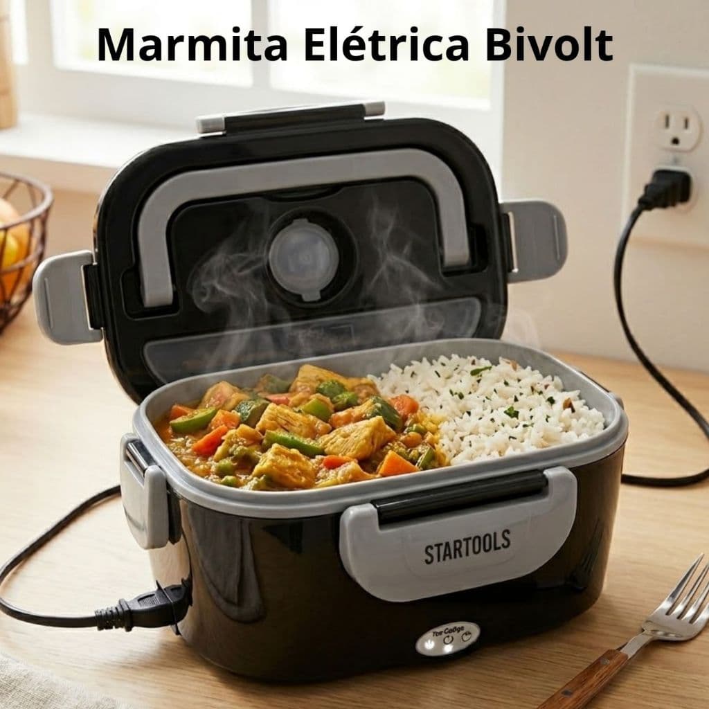 Marmita Elétrica Portátil Aquecer Comida Termica 1,5L Preta  Bivolt Prática Casa Trabalho 110V/220V