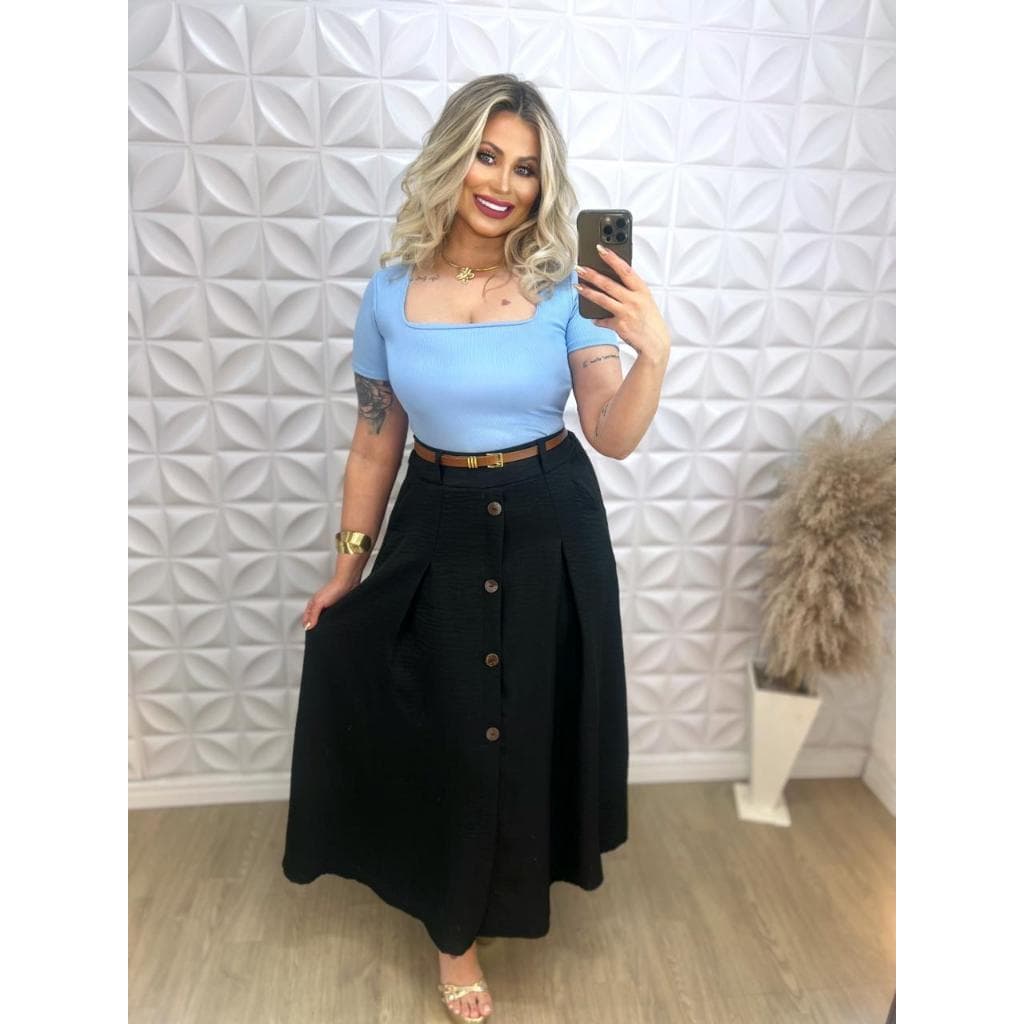 saia longa, com botões e bolso lateral, saia feminina, moda casual