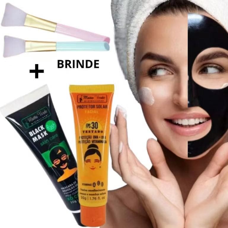 Matto Verde Kit Com 2- 1 Protetor Solar FPS 30 & 1 Mascara Facial Black Remove Cravos 50g Com Pincel