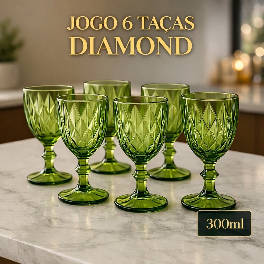 Jogo 6 Taças Diamond Verde 300ml Vidro Elegante Sofisticado Diamante Vinho Água Sofisticada