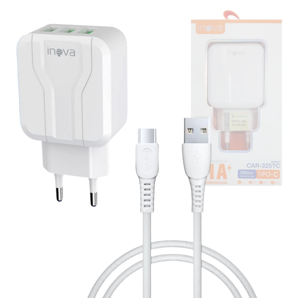 Carregador Turbo 5.1A INOVA 3 USB + Cabo Tipo-C 1M Carregador Rápido Bivolt Fonte Tripla USB Android