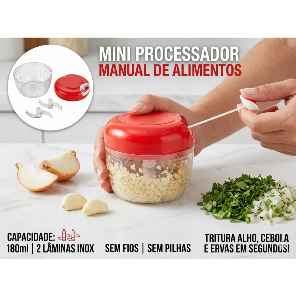 Mini Processador de Alimentos Manual 180ml com 2 Lâminas | Triturador Portátil para Alho, Cebola,etc