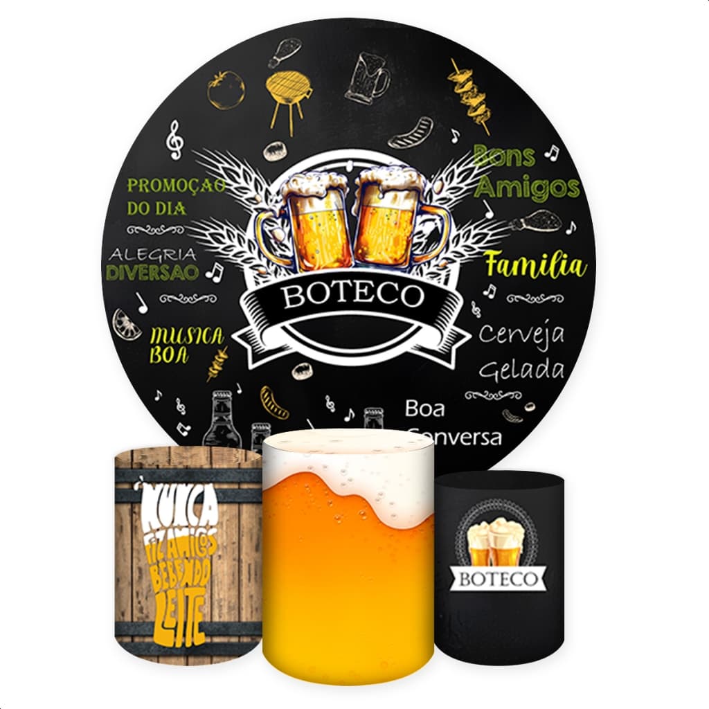 Kit Capas Sublimadas para Painel Redondo + Trio Capas Cilindros de Festa Boteco/Bar