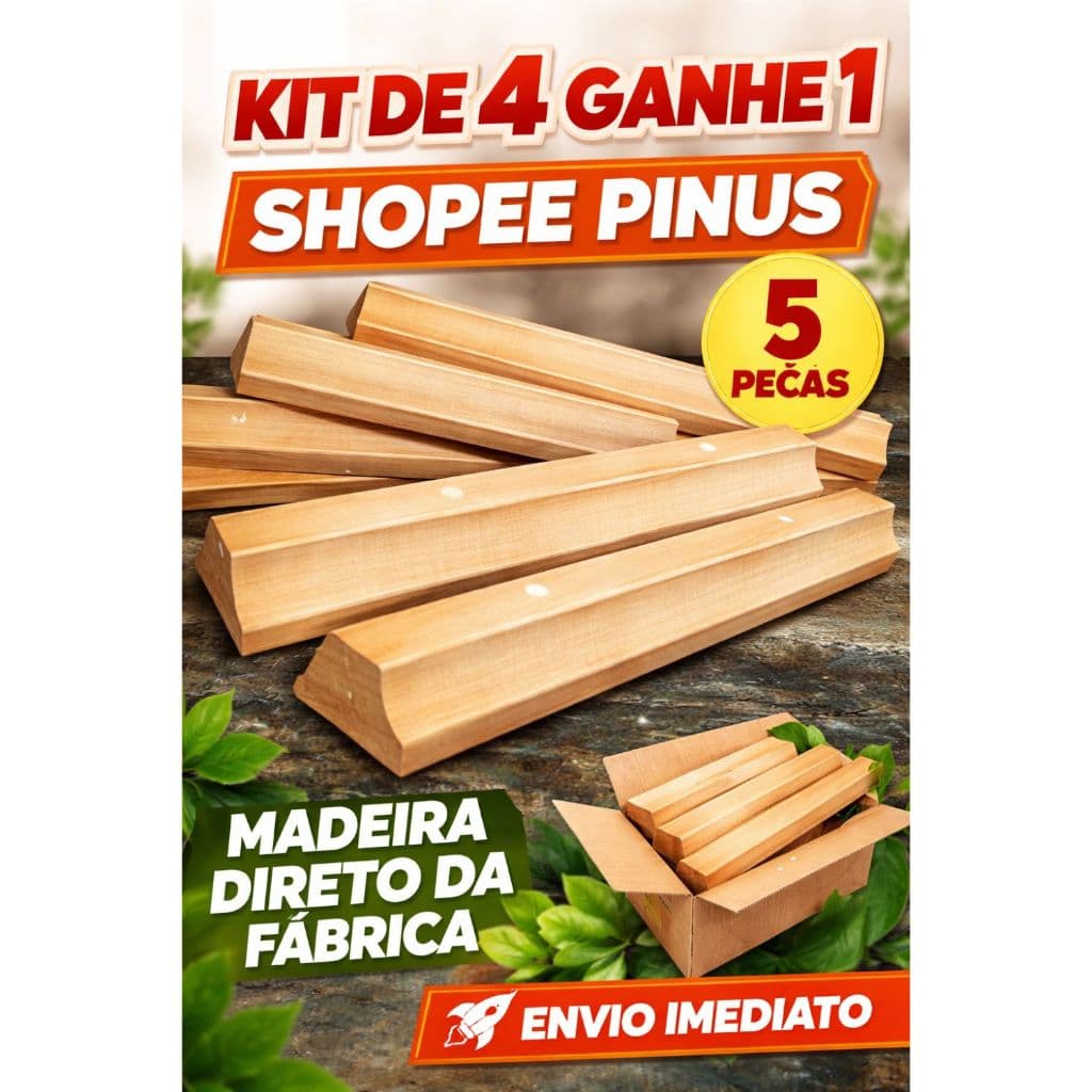 Kit 4 Puxadores Madeira Pinus com Pré-Furo | +1 Grátis | Para Gaveta, Armário e Porta