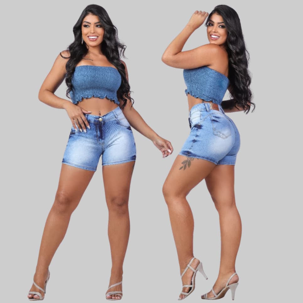 Short Jeans Feminino Claro Com Lycra Cintura Alta Empina Bumbum Confortável