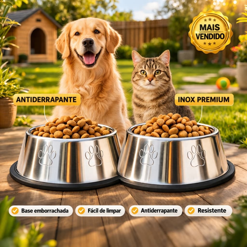 Kit Comedouro e Bebedouro Inox Para Câes E Gatos Pote Comida Ração Água Borda Antiderrapante S/A!!!!