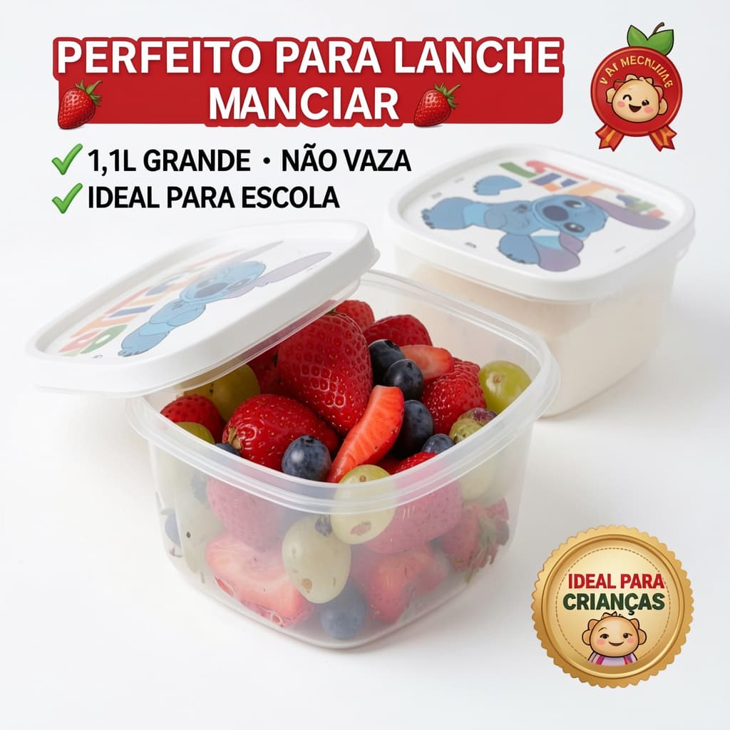 Pote Hermético Infantil 1,1L Lancheira Marmita Plástico Resistente Frutas Snacks