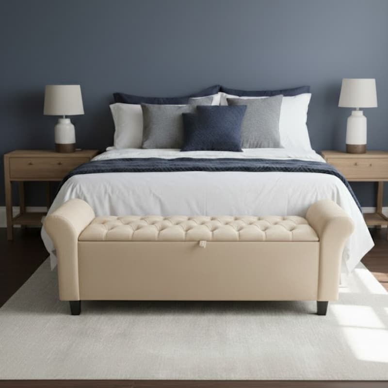 Baú Recamier Divã Paris 130cn Capitonê Suede Banco Estofado com Baú para Quarto Sala Madeira Puff