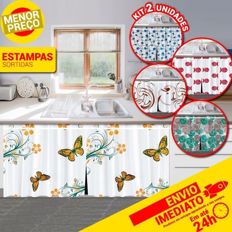 Kit C/2 Cortinas de Pia PE 138x80cm Decoração Cozinha Várias Estampas Sortidas Uso Direto no Suporte