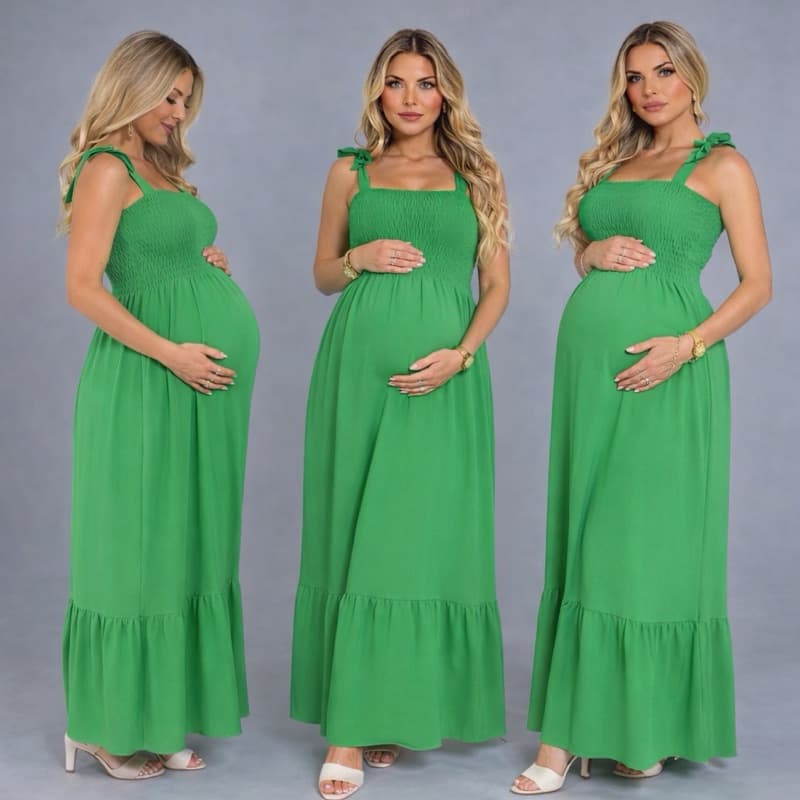 Vestido Gestante Longo Lastex Duna Premium Alças de Amarrar Moda Grávida Elegante Confortável 36 ao 44