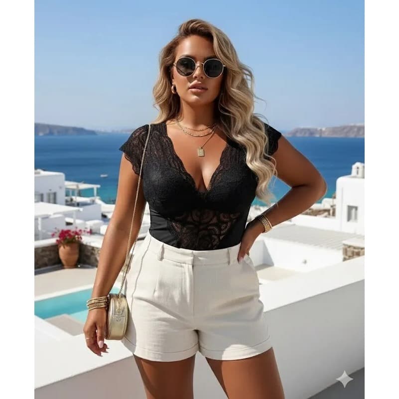 Body feminino plus size tule renda decote v faixa manga curta com bojo