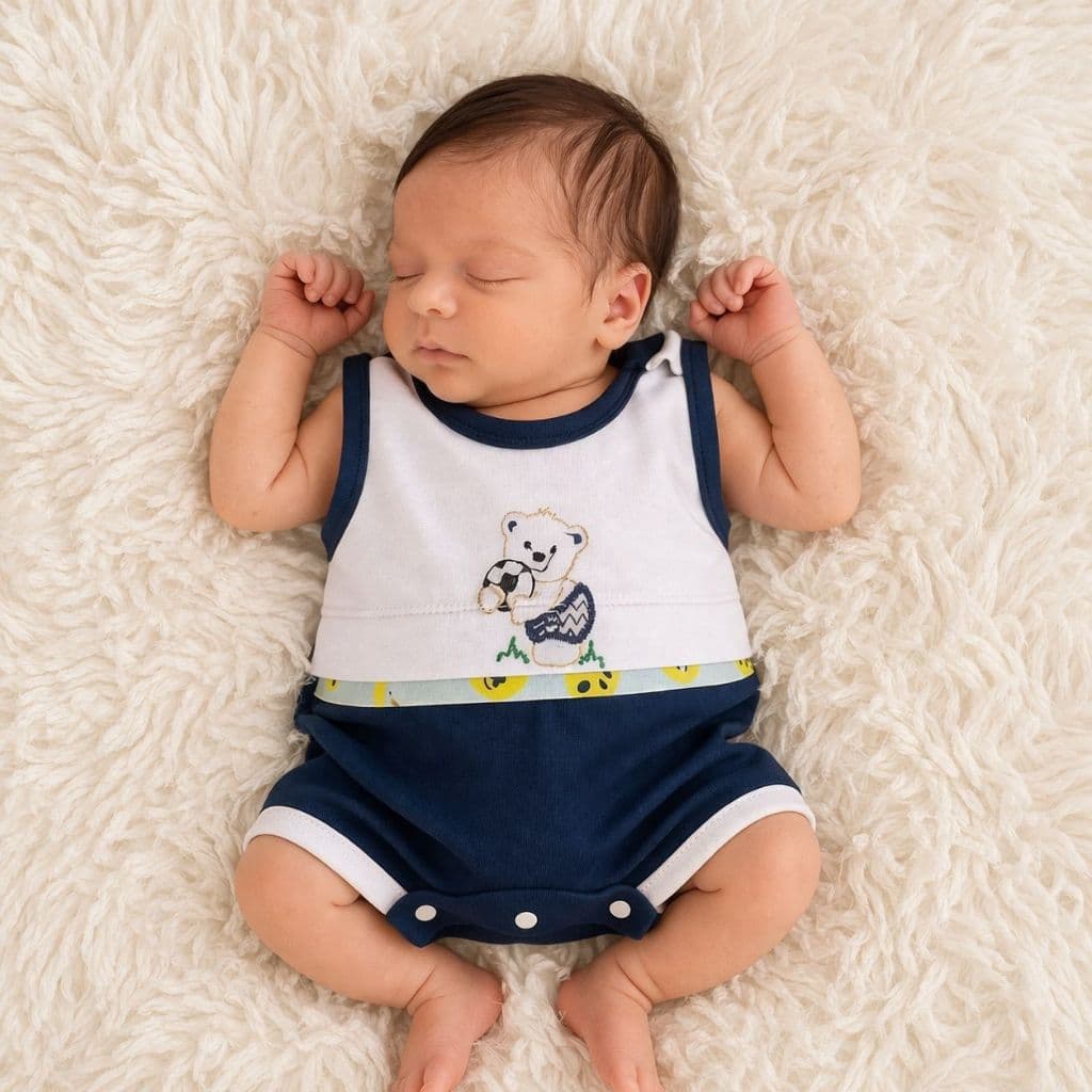 Macacão Curto + Boné Bebê Menino 100% Algodão - 0 á 3 meses