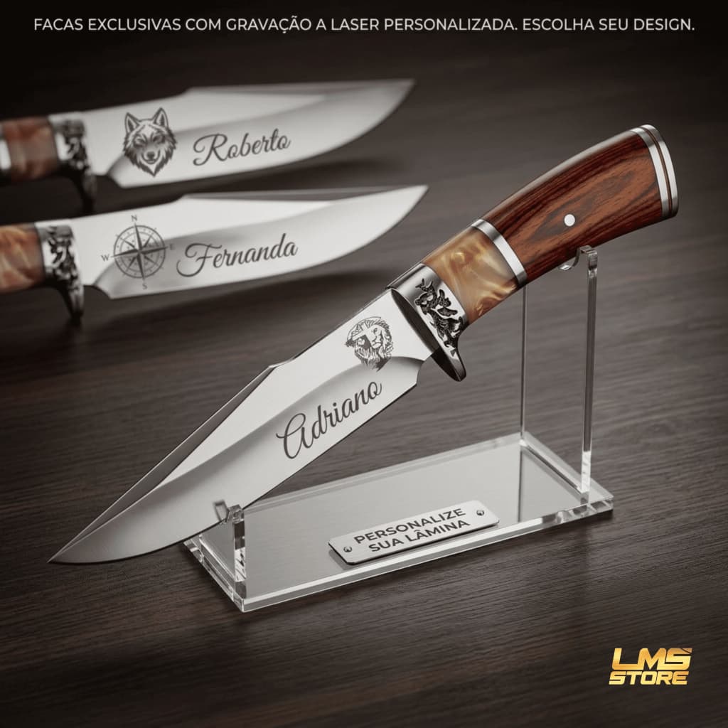 Faca Personalizada com nome De Caça Pesca Churrasco Luxo Fulltang Inox Com Bainha