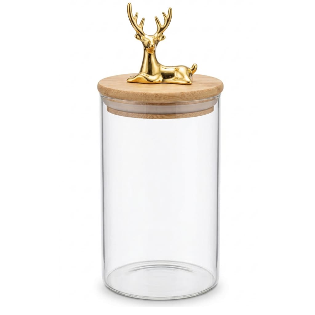 Pote de Vidro Hermético 650ml Tampa Bambu com Alce Dourado Organizador Mantimentos Cozinha Decorativo