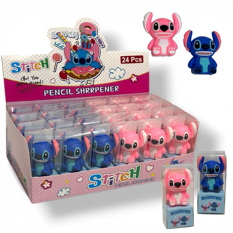 Caixa com 24 Apontadores de Lápis Stitch e Angel 3D Revenda Atacado Lembrancinha