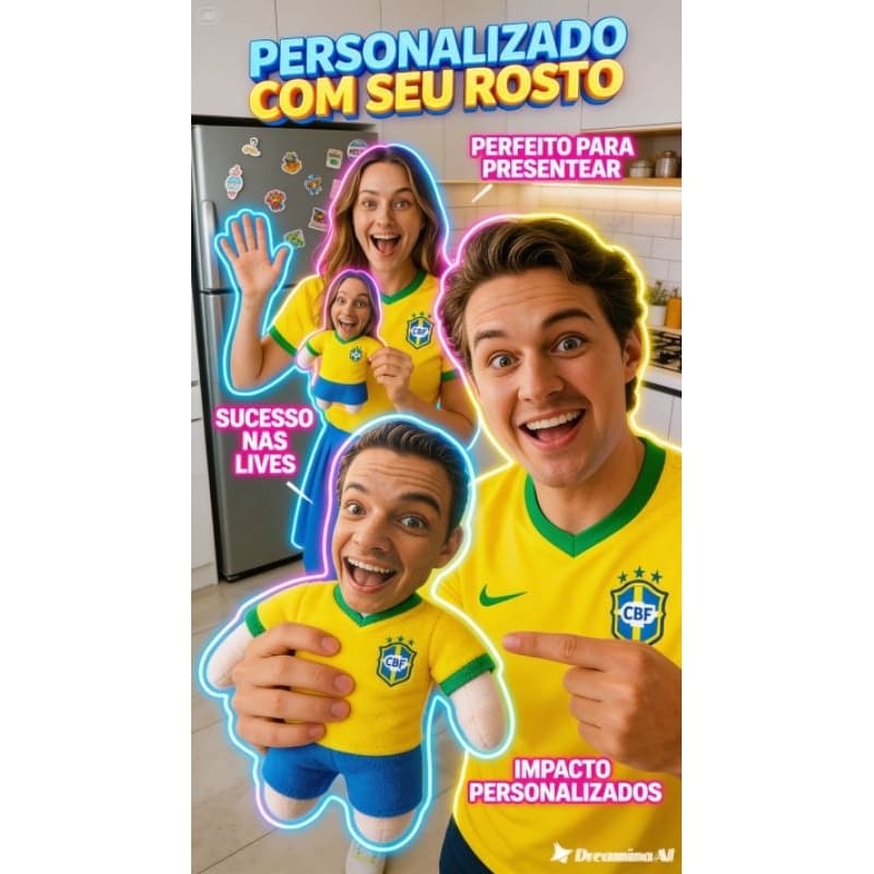 🏆 Almofada Boneco Personalizado – Tema Copa do Mundo 🇧🇷⚽