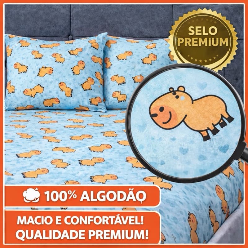 Kit Lençol Malha 100% Algodão – Estampa capivara azul ou rosa