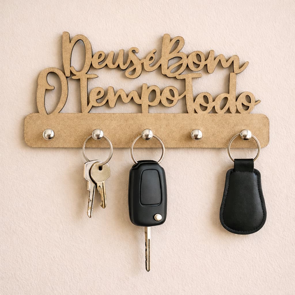 Porta Chaves de Parede Decorativo Multiuso em MDF 3mm CRU Deus é Bom o Tempo Todo Envio Imediato