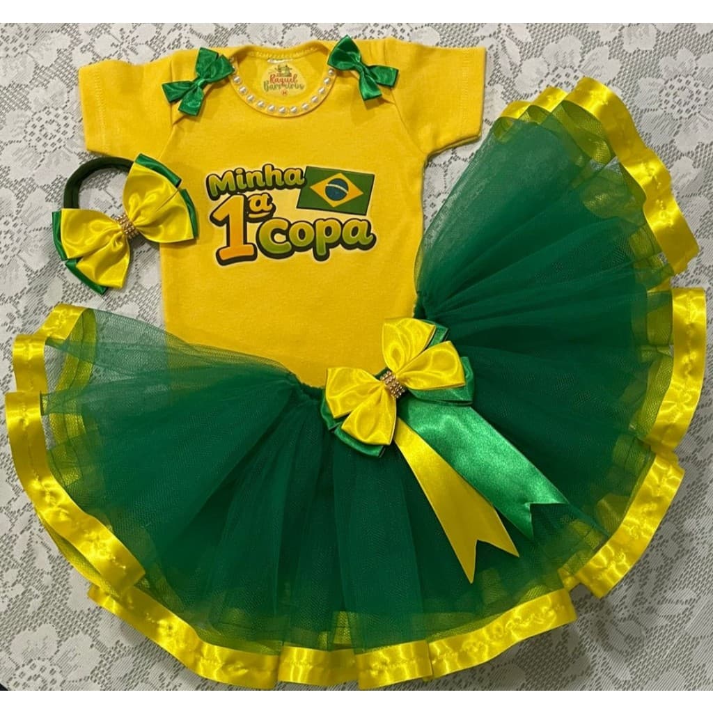 Conjunto Infantil Brasil Copa 2026 Minha 1ª Copa Body 100% Algodão + Saia Tutu Bebê Menina