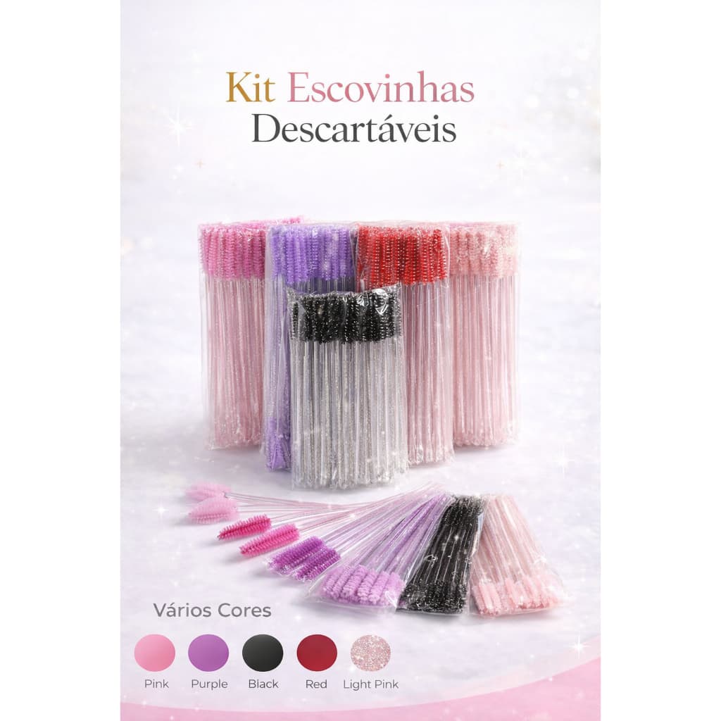 Kit 50 Escovinhas Descartáveis Para Cílios e Sobrancelhas - Cabo Glitter - Material Lash Designer