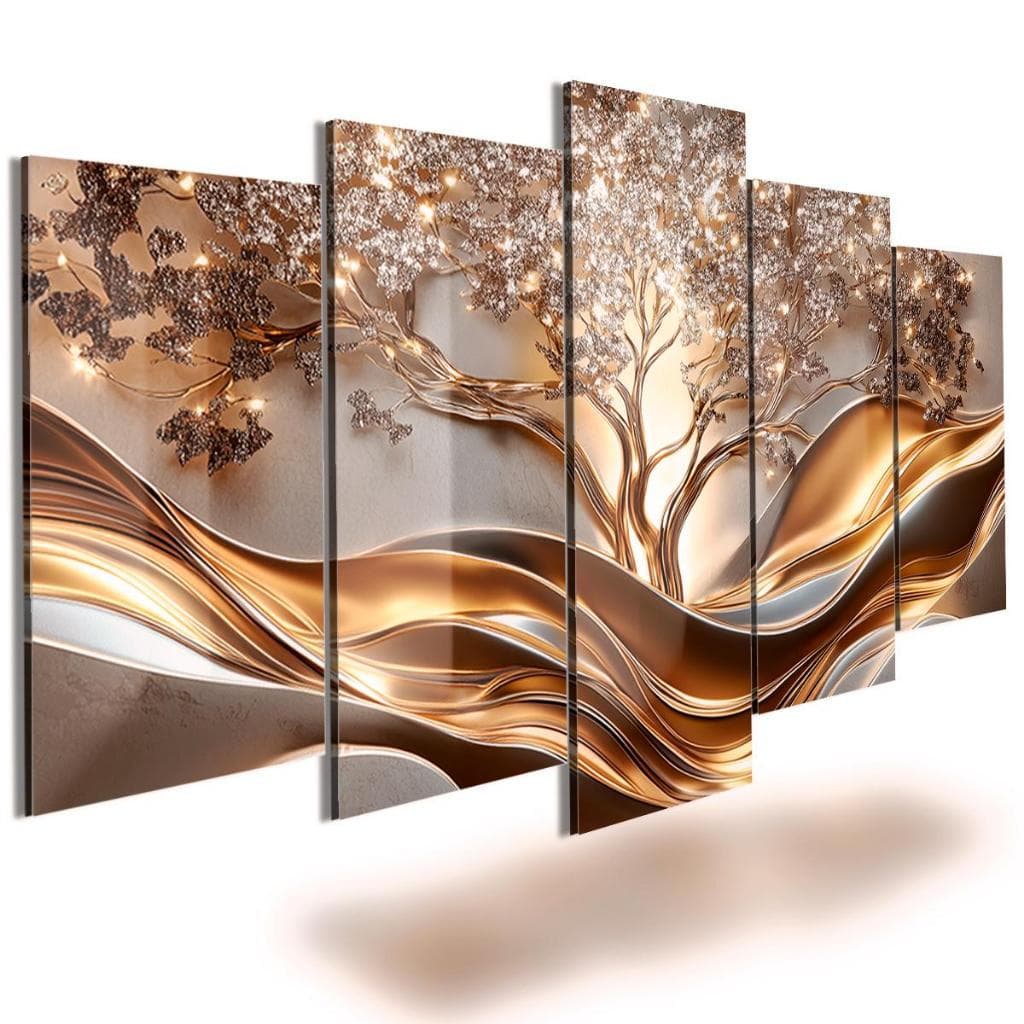 Quadro Mosaico 5 Peças Árvore de Diamantes e Ondas de Ouro