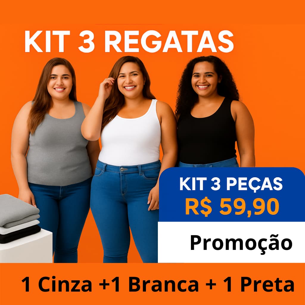 Combo 3 Regatas Femininas G1 a G5 básica sem estampa (1 preta +1 branca + 1cinza)