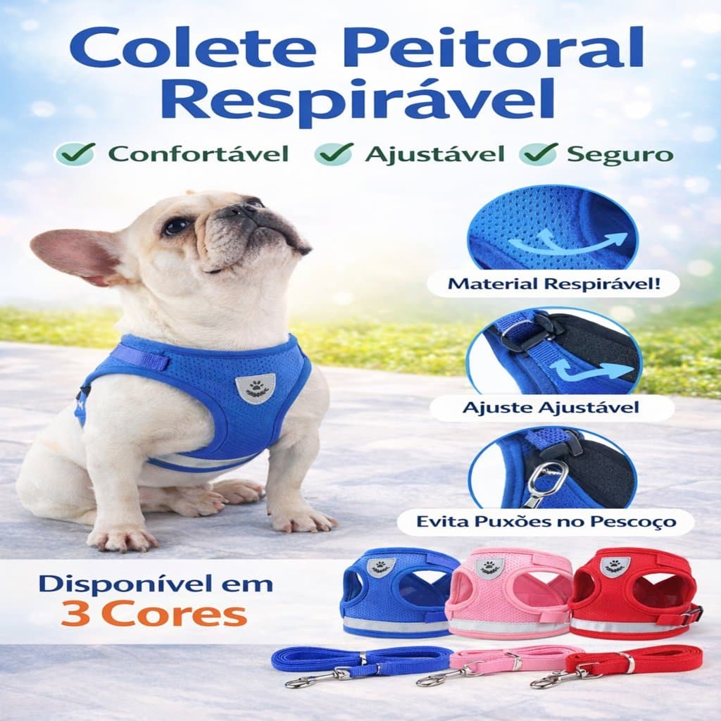 Peitoral Coleira Colete Com Guia p/ Caes Gatos Regulavel Confortavel Ajustavel Cachorro Pet Pequeno