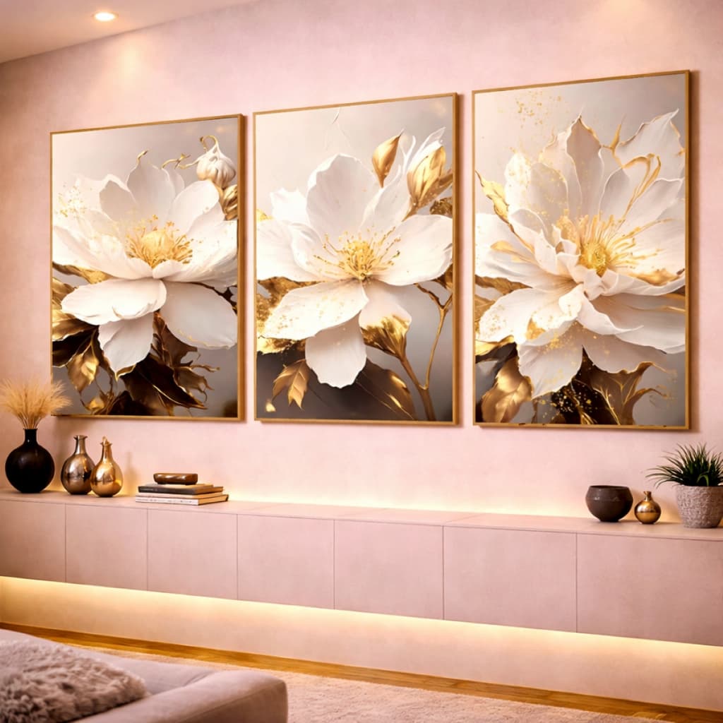 Quadro Decorativo Floral Flor Branca Ouro Moderna Sala Quarto 3 Peças