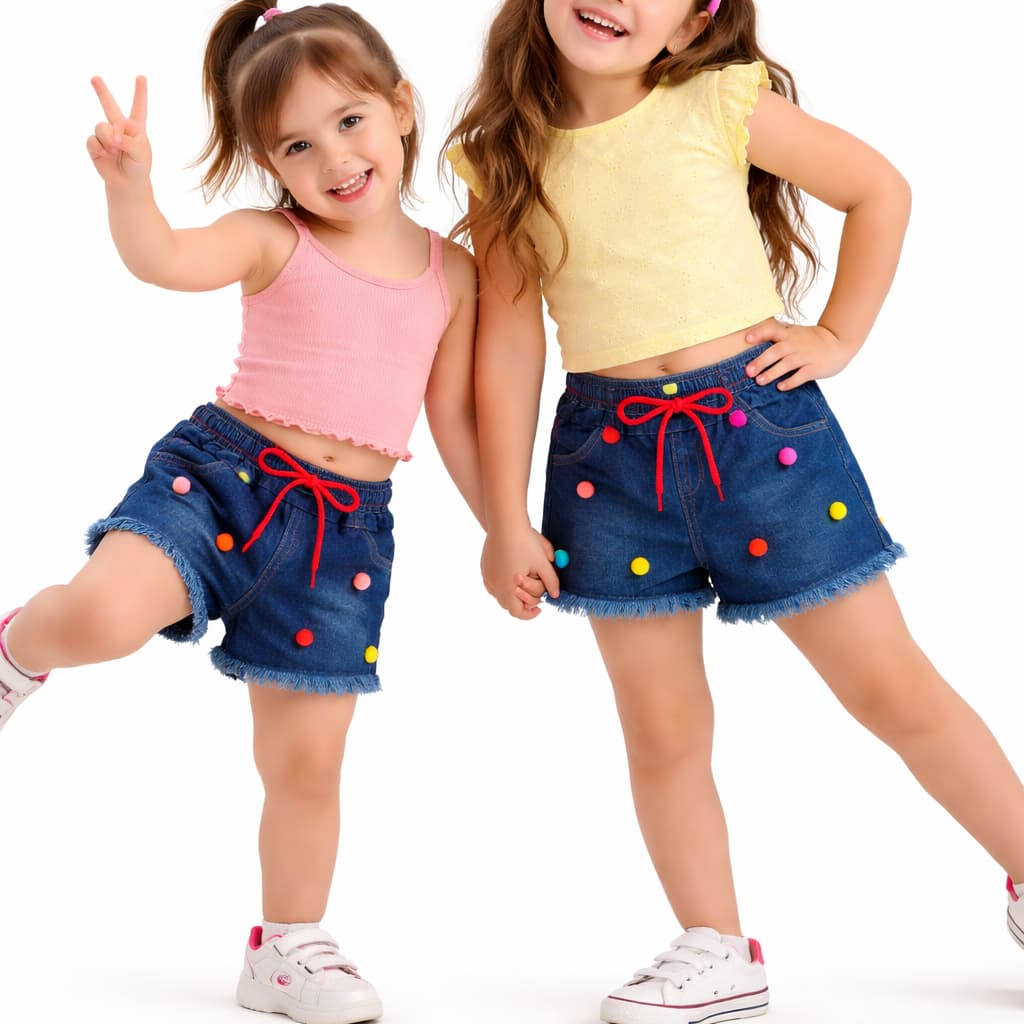 Short Jeans Infantil com Laço Decorativo e Pompons Coloridos Com Barra Desfiafa Short Kids