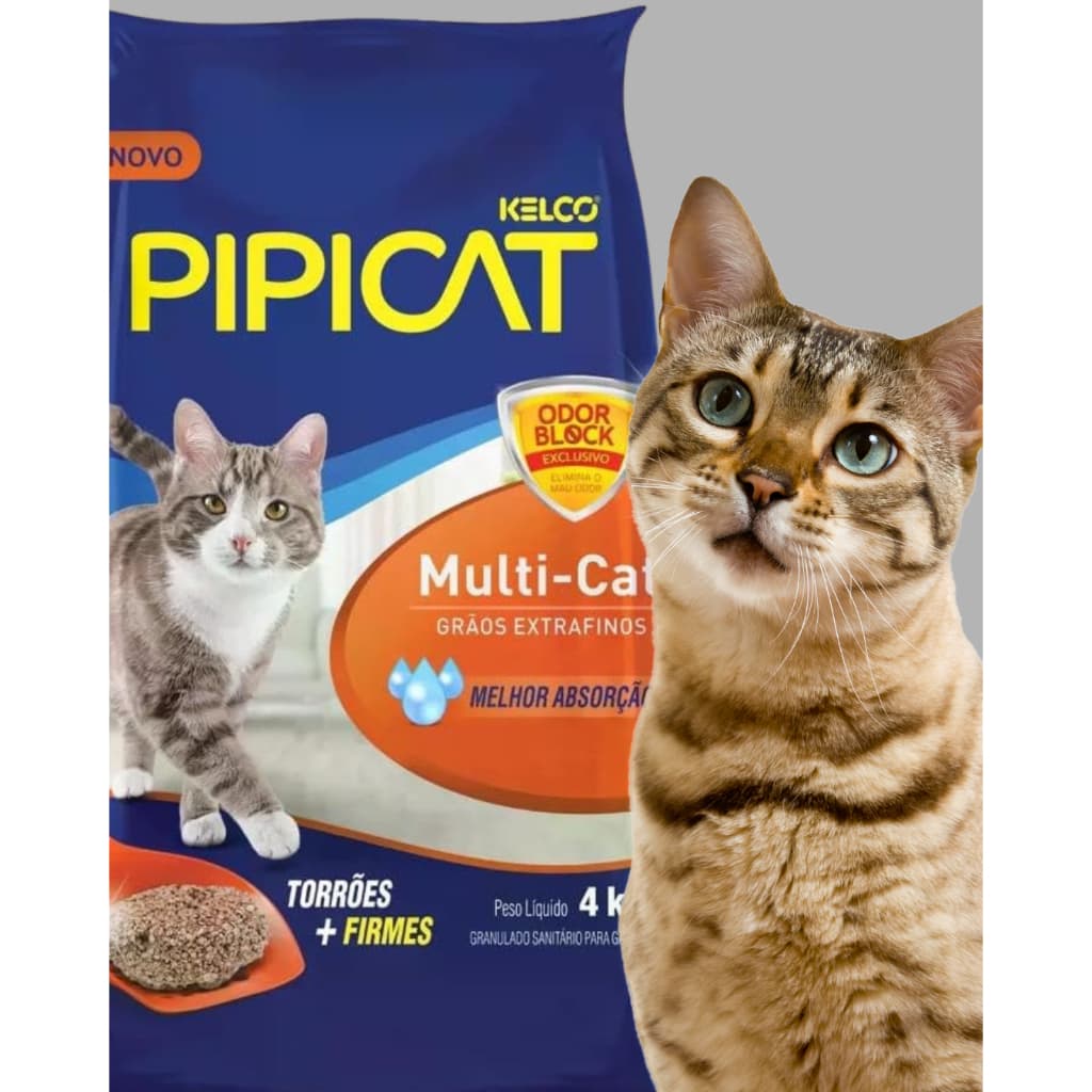 AREIA SANITÁRIA PARA GATOS KELCO PIPICAT MULTI-CAT 4KG - CONTROLE DE ODORES, ABSORÇÃO RÁPIDA, TORRÕES FIRMES