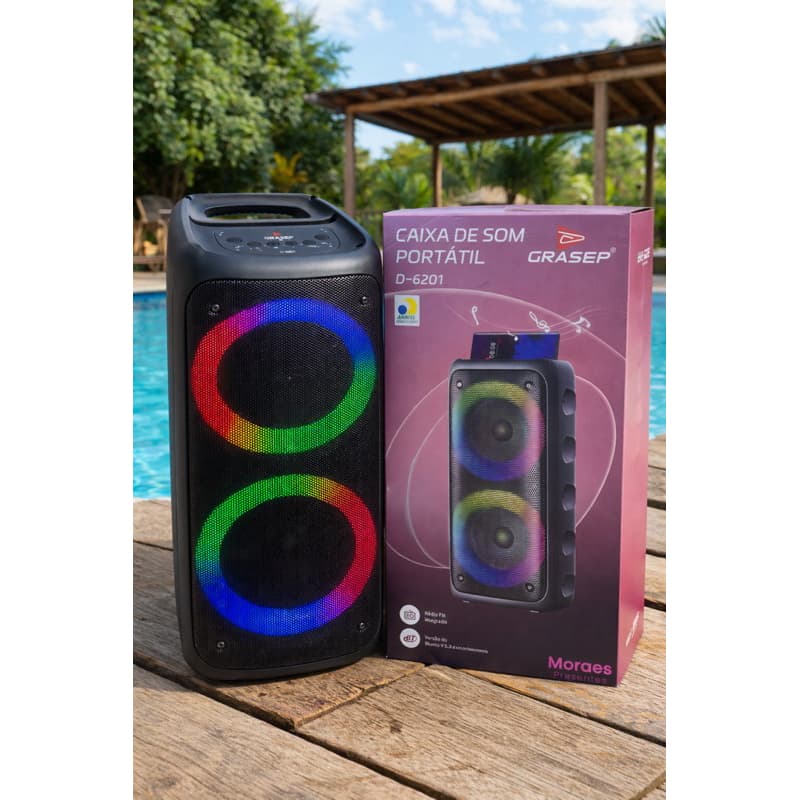 Caixa de som Bluetooth GRASSEP D-6201, potente, com LED RGB, bateria interna e conexão rápida.