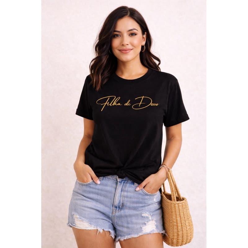 Camiseta Feminina Filha de Deus Amarela Estampada T-Shirt Moda Evangélica Casual