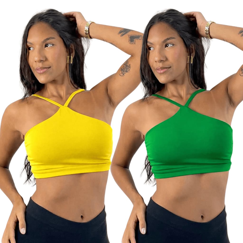 KIT 2 Top Cropped Esportivo Fitness Frente Única Brasil Feminino em Suplex Premium com Tecido Duplo