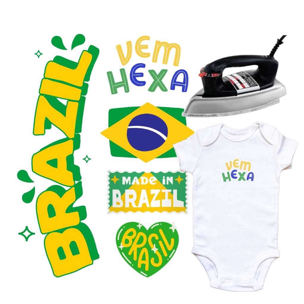 Kit 5 Adesivos Termocolantes Brasil Copa Do Mundo Patch Vem Hexa Para Roupa Camiseta Personalizada DTF
