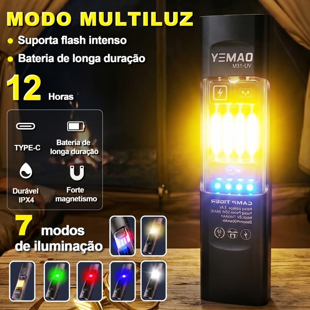 Lanterna EDC Potente Recarregável YM-M31, LED UV, Laser, Multimodos, Impermeável, USB Tipo-C, Camping, Pesca, Emergência