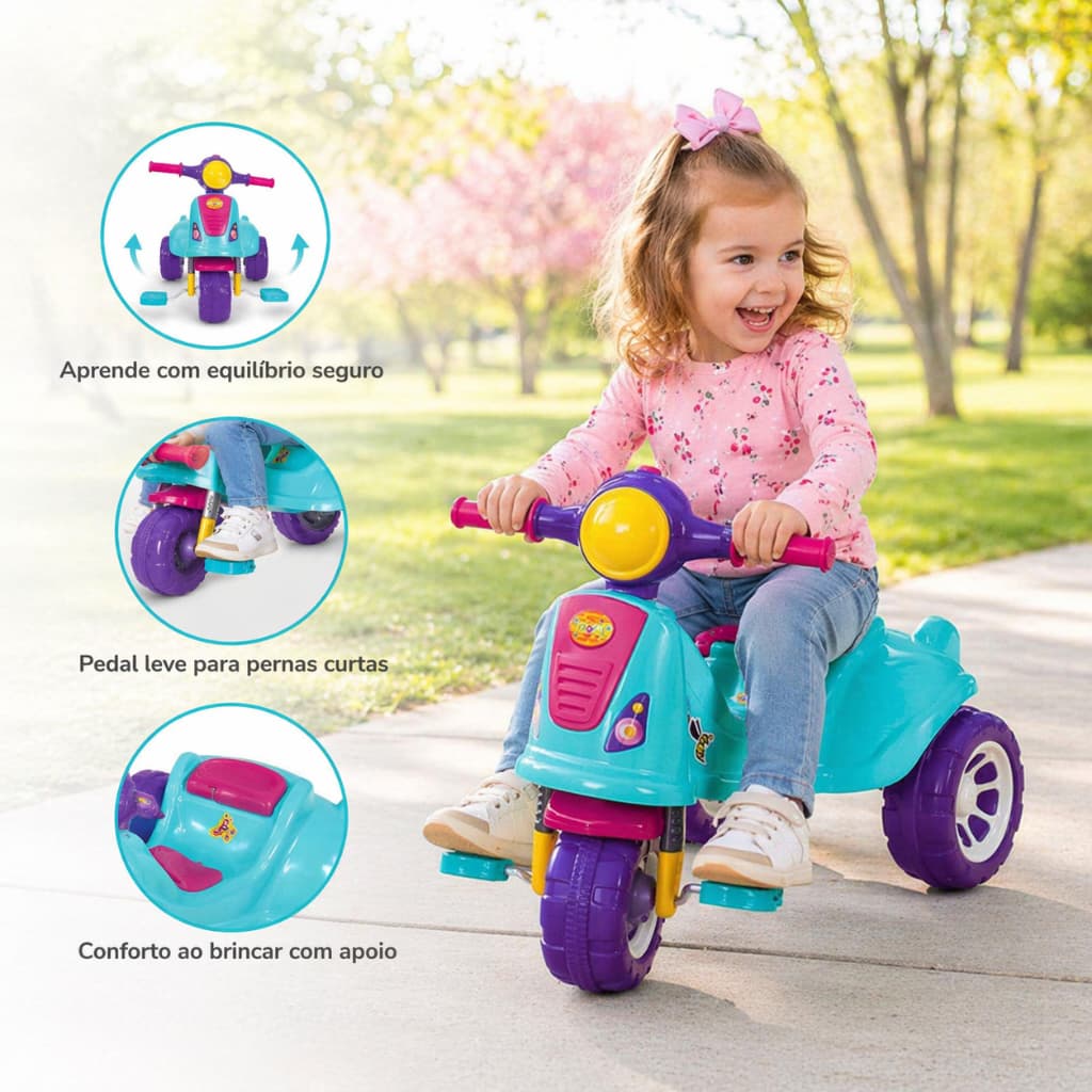 Triciclo Infantil Passeio Pedal Andador Avespa Pink com haste guia de empurrar brinquedo criança