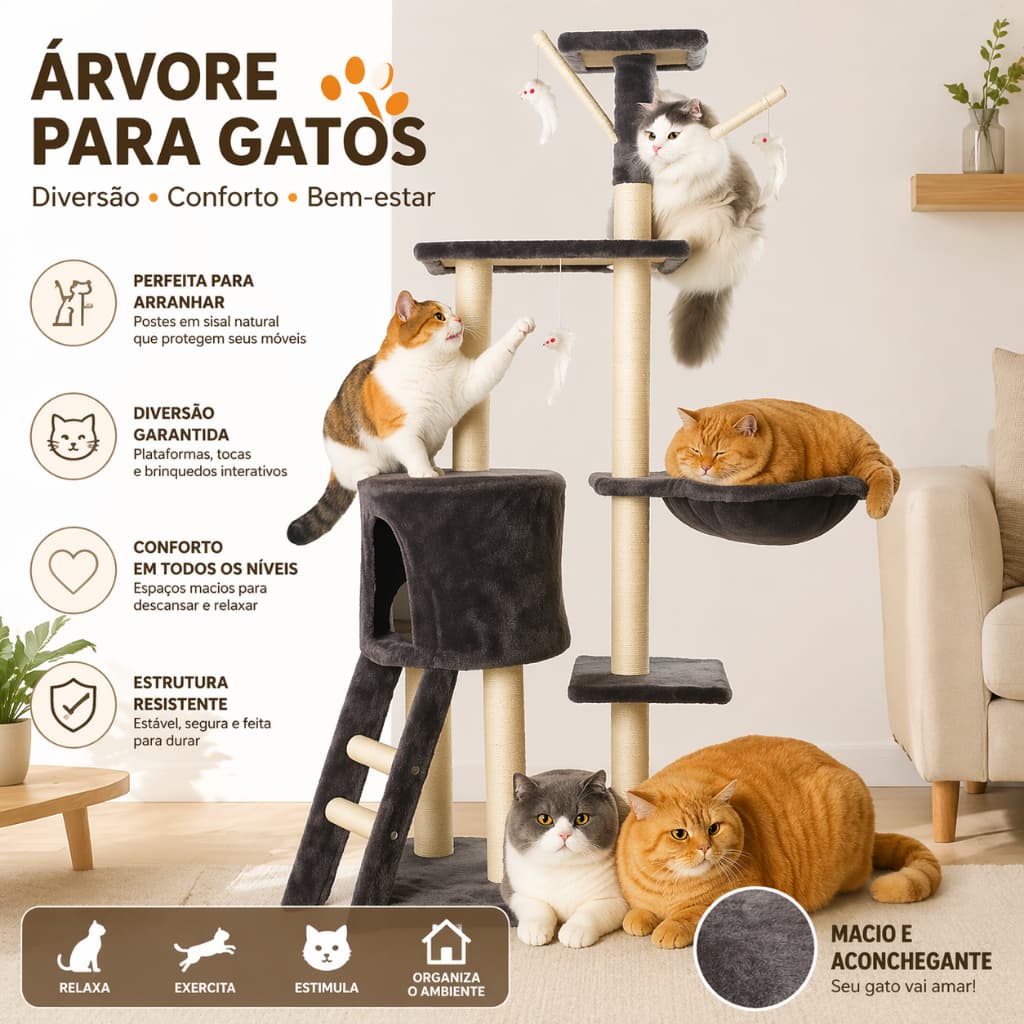 Arranhador para Gatos 5 Andares com Brinquedos | Casa Torre para Gatos Arranhar e Brincar | Confortável casinha de gato