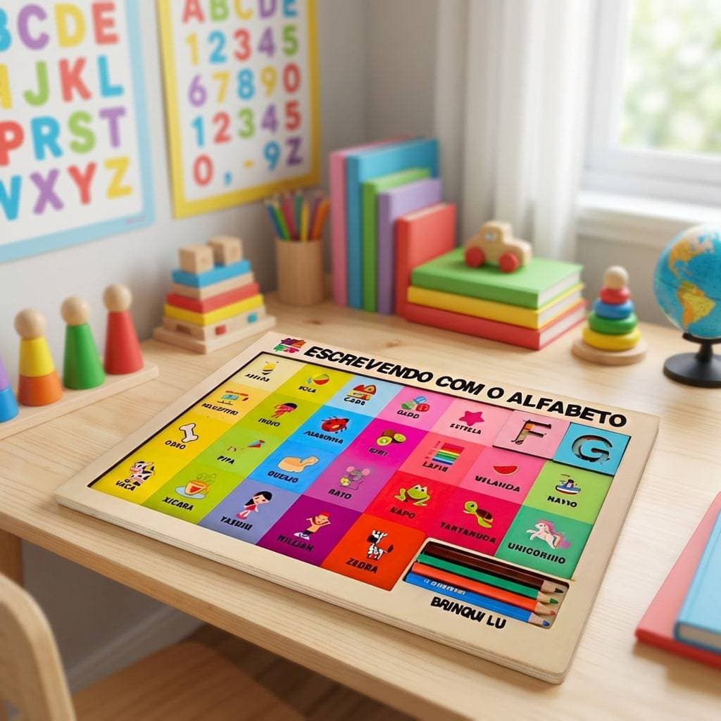 Kit Jogo Tabuleiro Educativo Brinquedo Descubra a Letra Do Alfabeto Pedagógico 26 Peças